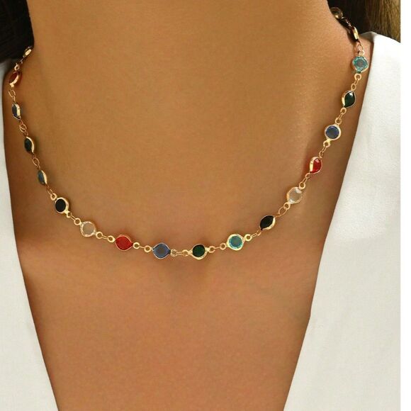 Colorful Round Inlaid Crystal Choker Necklace Clavicle Gold Chain Adjstble Gems - Picture 3 of 4